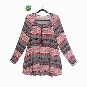 🌸Cloud Chaser Boho Women Blouse XL Rayon Long Sleeve Burgundy Pink Tassel Neck